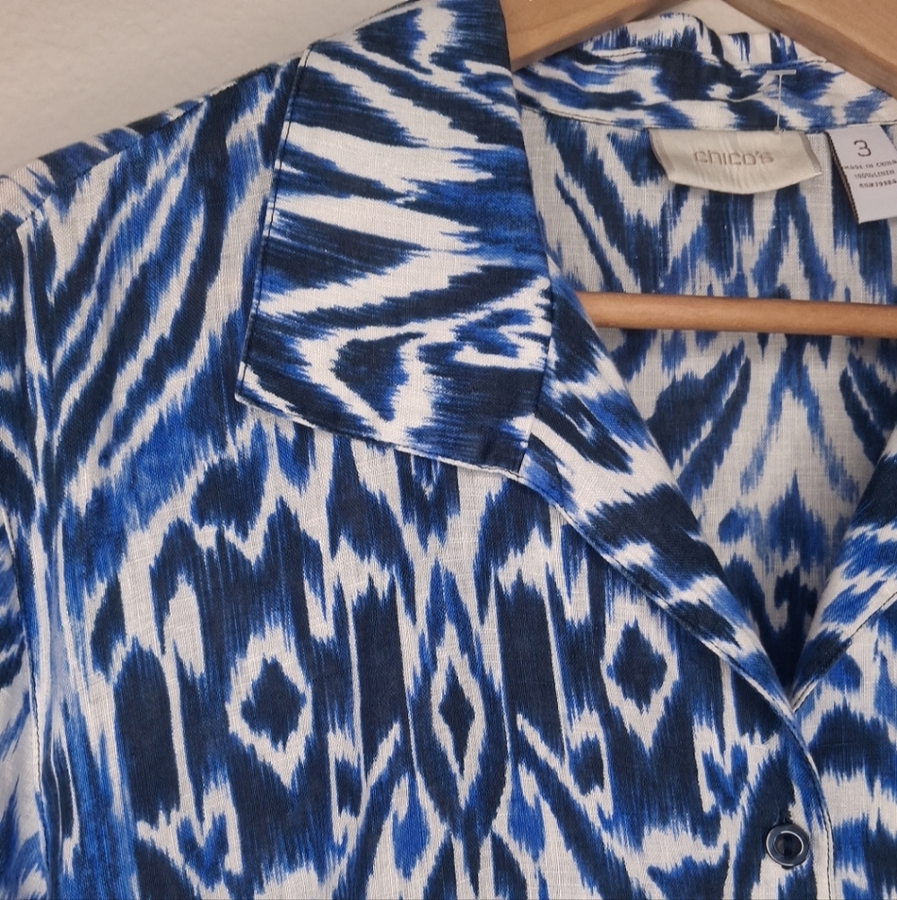 Chico's Linen Womens Tunic Button Shirt 3/4 Sleeve Blue White Abstract Size  XL - Picture 3 of 14